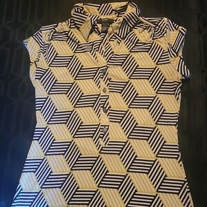 Alfani Petite Yellow & Black Geometric Patterned Cap Sleeve Blouse